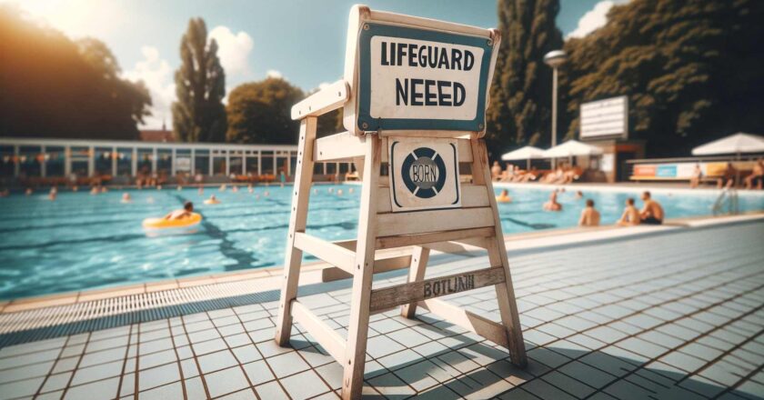 Leerer Rettungsschwimmerstuhl am Rand eines belebten öffentlichen Freibads in Bonn mit einem Schild 'Bademeister gesucht', umgeben von Schwimmern verschiedener Herkunft.